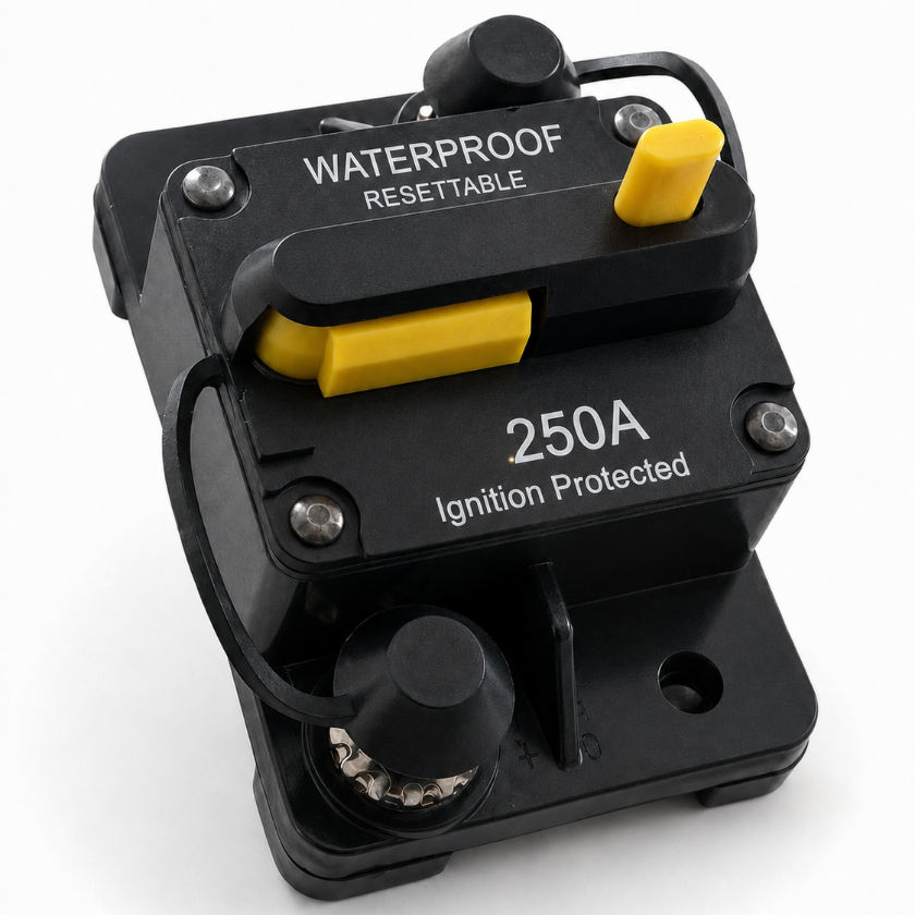 Black and yellow electrical breaker with 'Waterproof Resettable' and '250A Ignition Protected' text on a white background