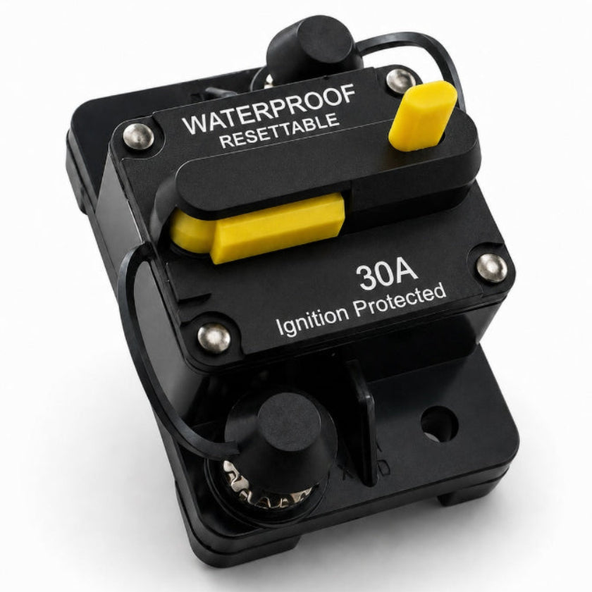 Black and yellow electrical breaker with 'Waterproof Resettable' and '30A Ignition Protected' text on a white background