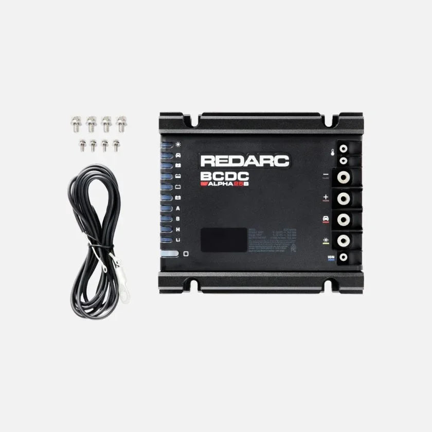 REDARC Alpha25 DC-DC charger terminal connection ports for battery and solar wiring