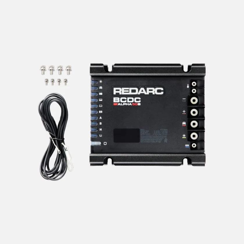 REDARC Alpha50 DC-DC charger terminal connection ports for battery and solar wiring