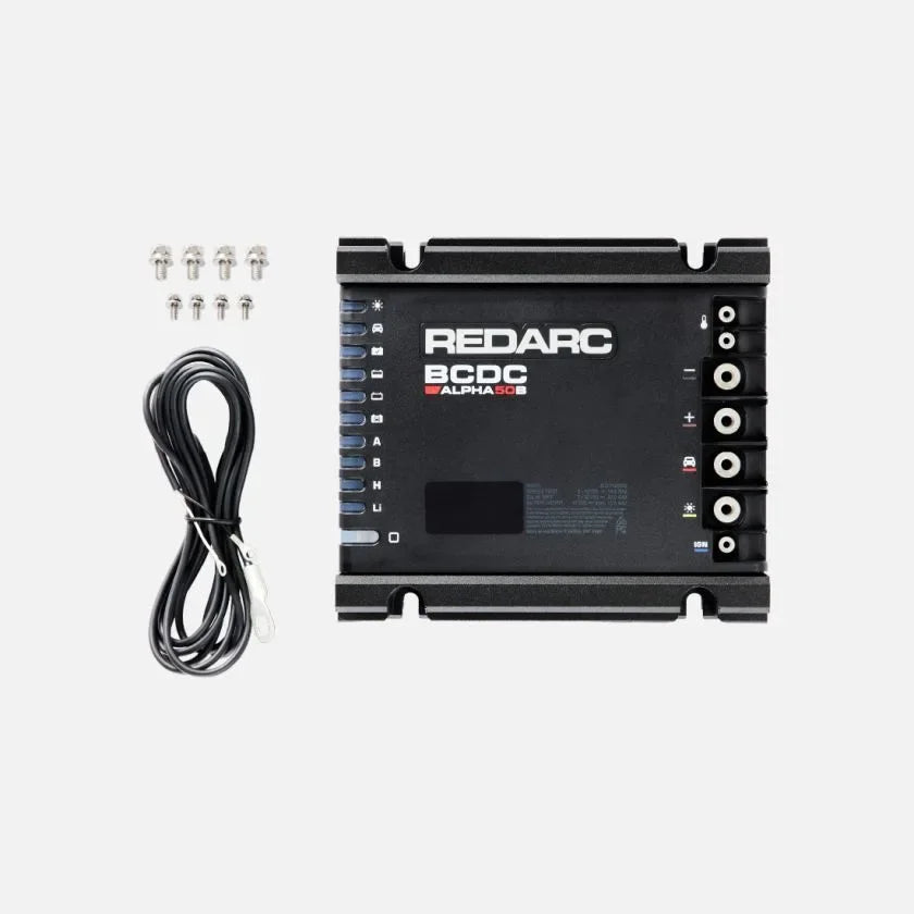 REDARC Alpha50 DC-DC charger terminal connection ports for battery and solar wiring