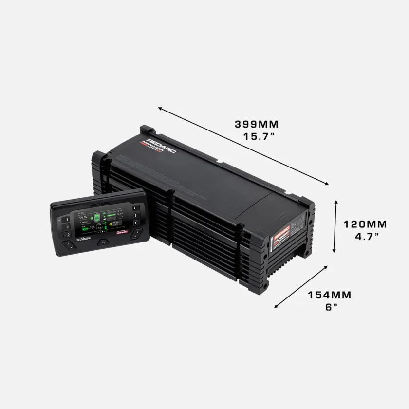 REDARC Manager Alpha100 physical dimensions diagram showing unit length height and width measurements