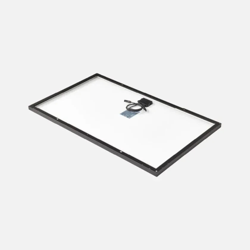 “REDARC 200W monocrystalline black frame solar panel rear view with junction box”