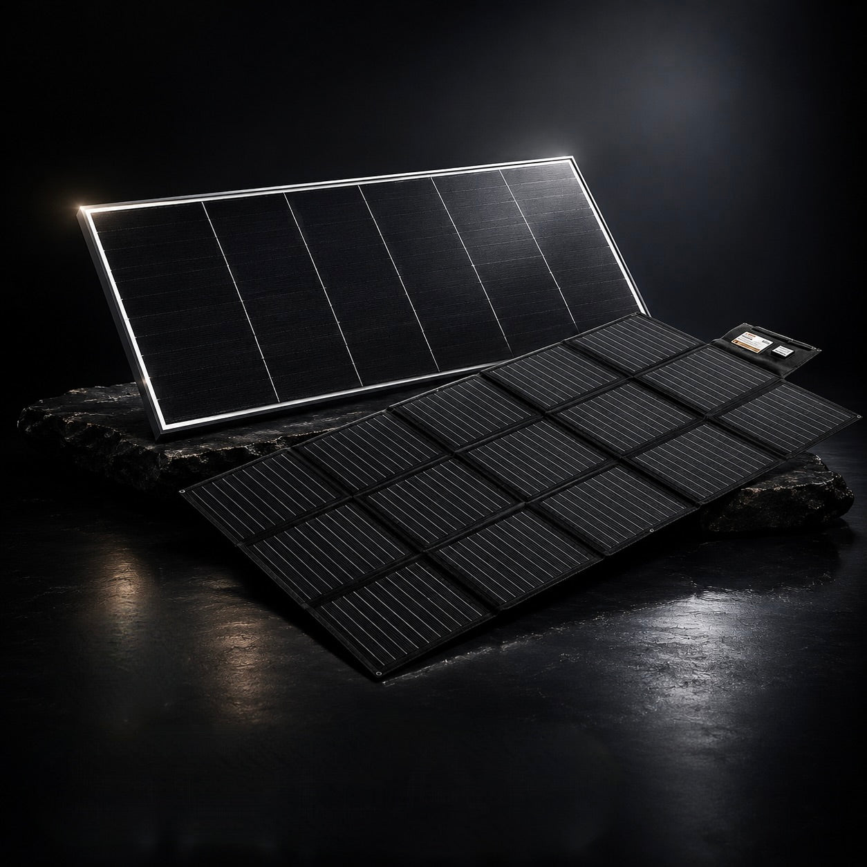 Fixed solar panel and folding solar blanket on a clean white background for 4WD, caravan and touring power systems