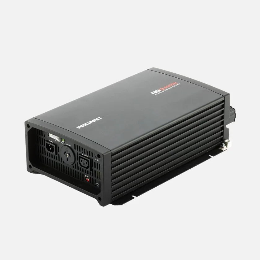 REDARC RS3 2000W pure sine inverter angled front view showing cooling fins and AC input output ports