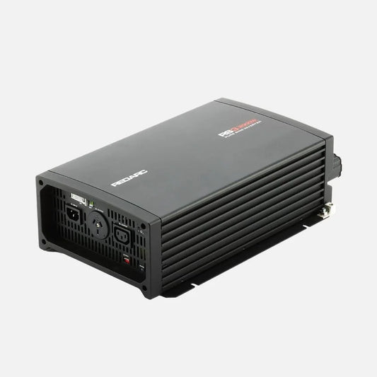 REDARC RS3 2000W pure sine inverter angled front view showing cooling fins and AC input output ports