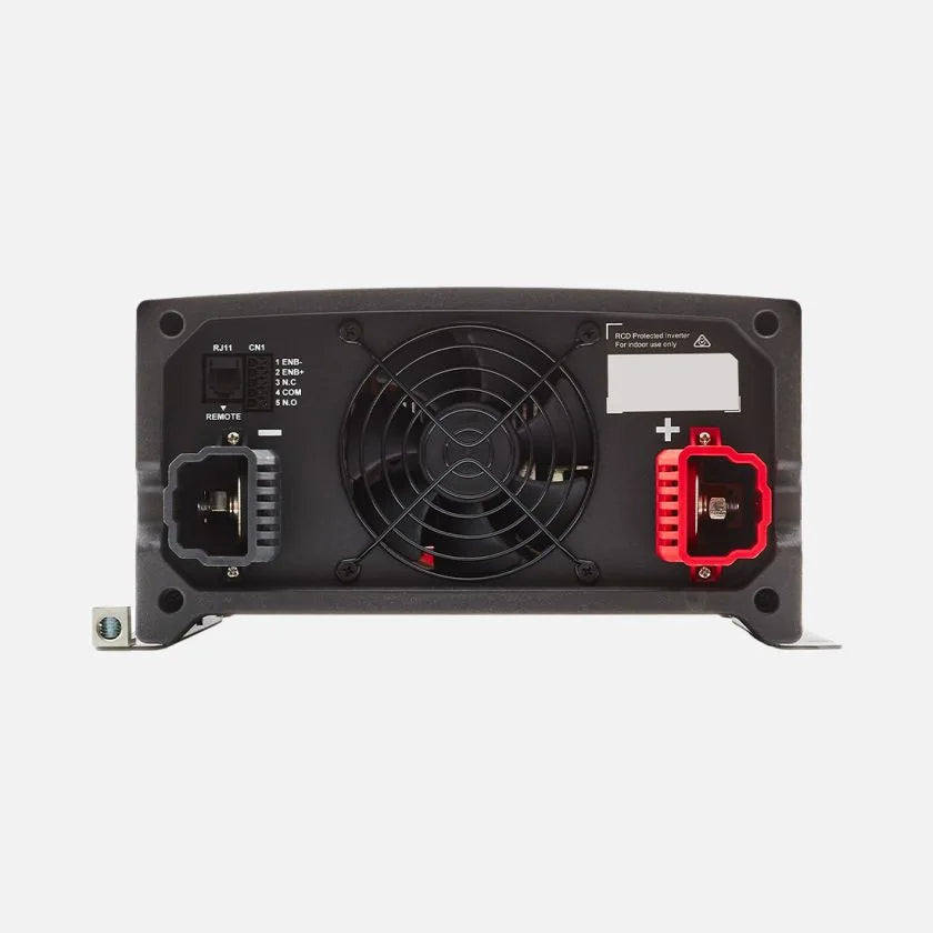 REDARC RS3 2000W inverter rear DC connection side showing cooling fan black negative and red positive terminals