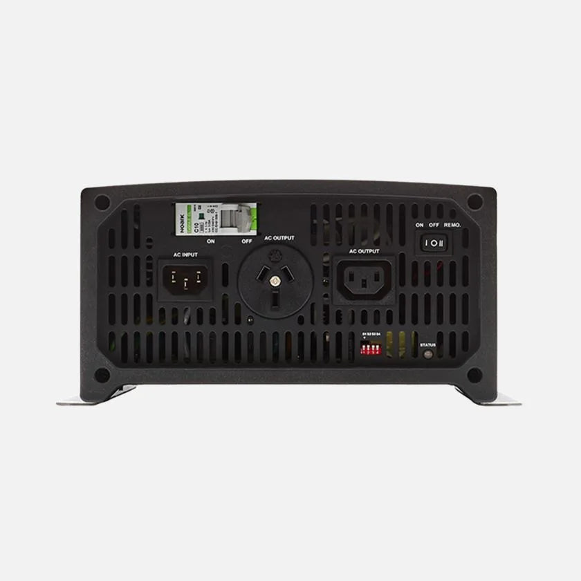 REDARC RS3 2000W inverter AC connection panel showing AC input AC output ports power switch and status indicators