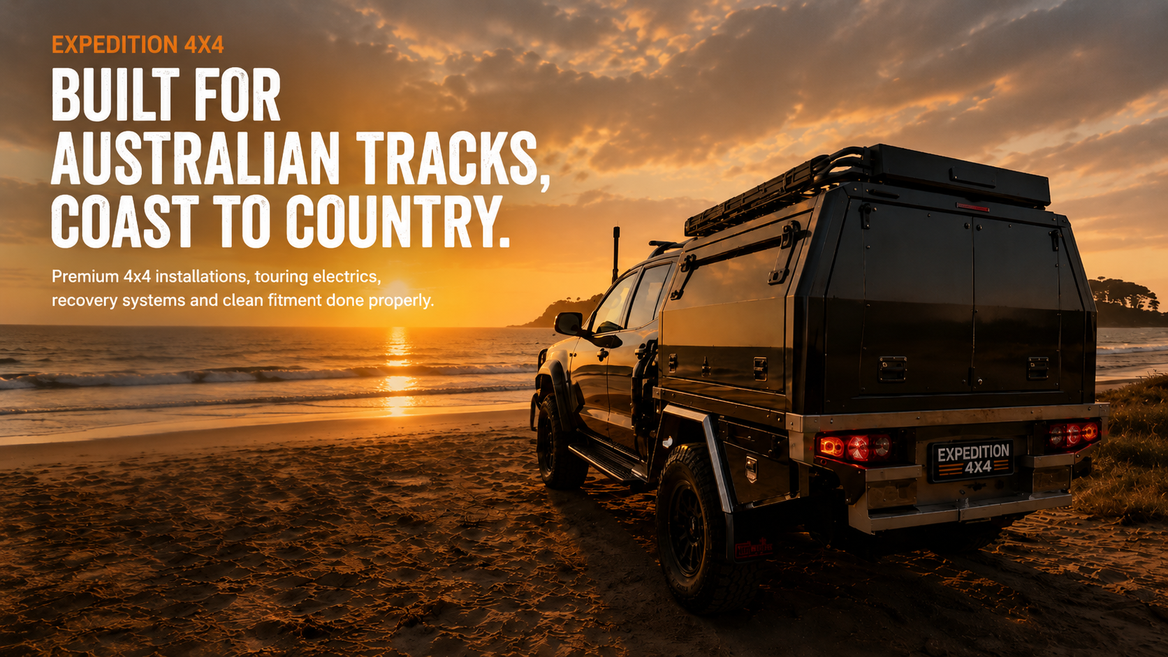 Expedition 4x4 vehicle on a beach with sunset and text about Australian tracks.