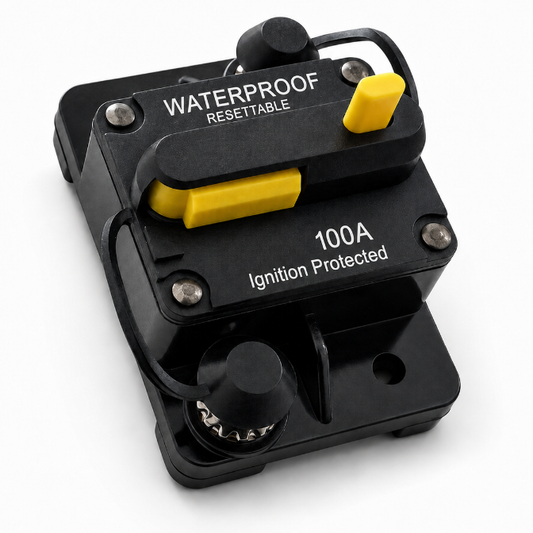 Black and yellow resettable breaker with 'Waterproof' and '100A' labels on a white background