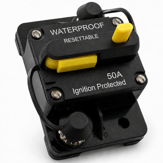 Black and yellow electrical breaker with 'Waterproof', 'Resettable', and '50A' labels on a white background