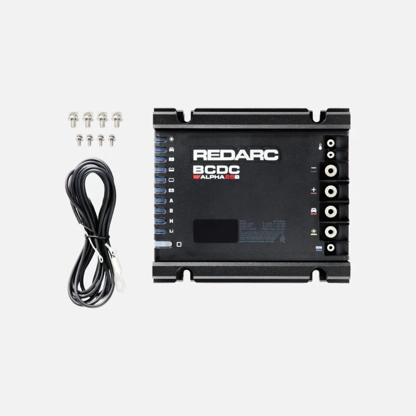 REDARC Alpha25 DC-DC charger terminal connection ports for battery and solar wiring