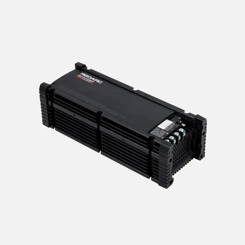 REDARC Manager Alpha50 vehicle power management unit angled housing view showing aluminium heat sink casing