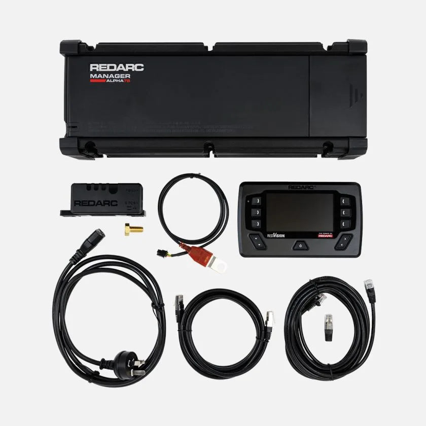 Top housing view of REDARC Manager Alpha75 vehicle power management unit showing aluminium heat sink casing