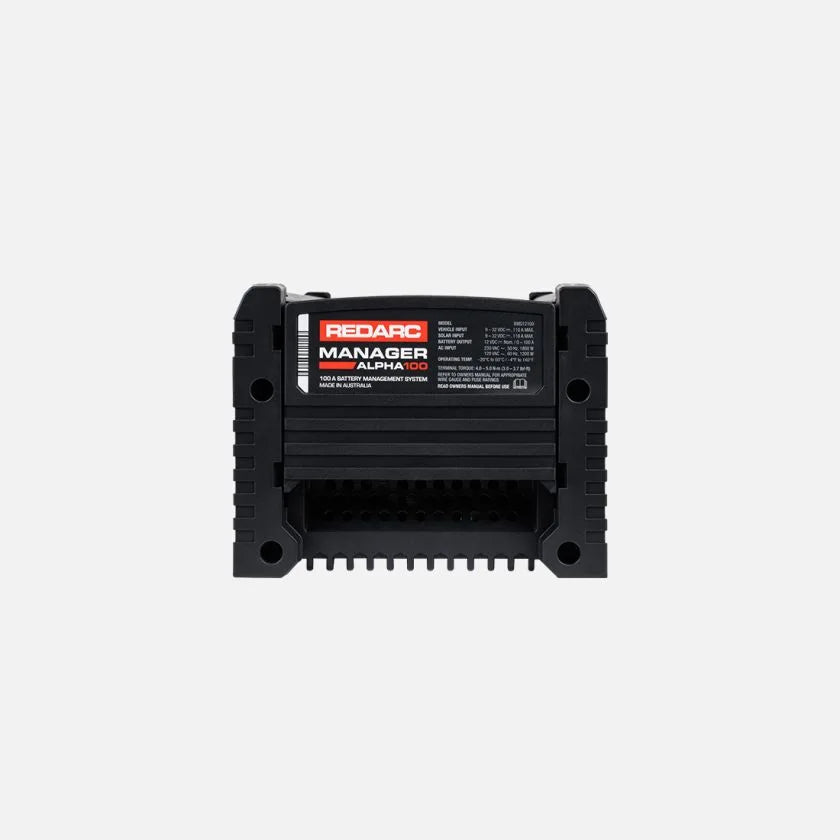 Rear view of REDARC Manager Alpha100 power management unit showing product label and housing design