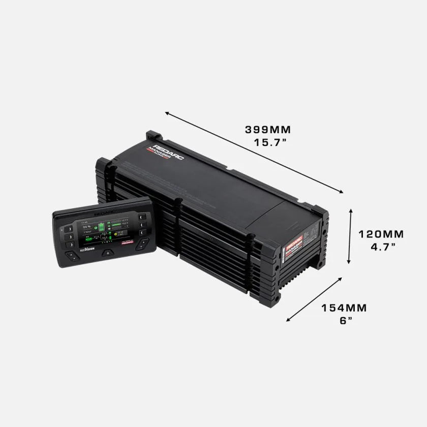 REDARC Manager Alpha100 physical dimensions diagram showing unit length height and width measurements